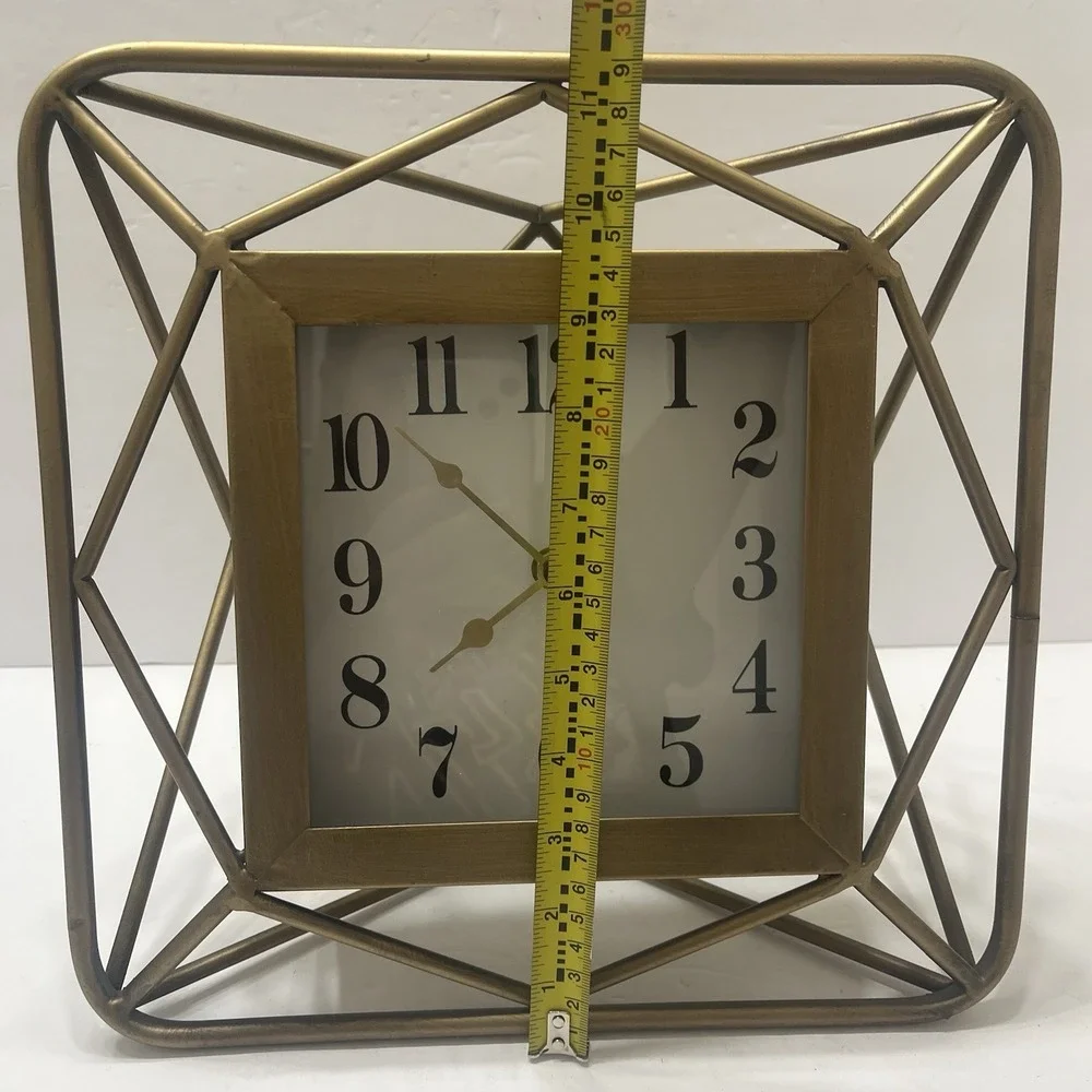 Gold Toned Geometric Metal Wire Desk Clock Square Face Black Numbers Battery
